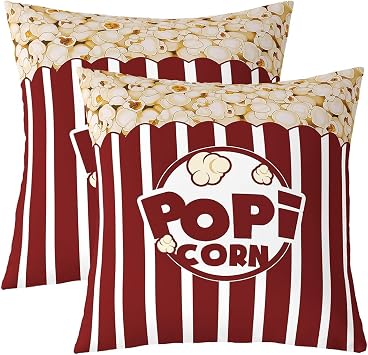 Feelyou Cinema Poster Design Reversible Throw Pillow Covers,Movie Theater Square Cushion Covers Set of 2 for Bed Sofa Couch,All Season Popcorn Print Pillow Covers Home Decor 18 x 18-Inch