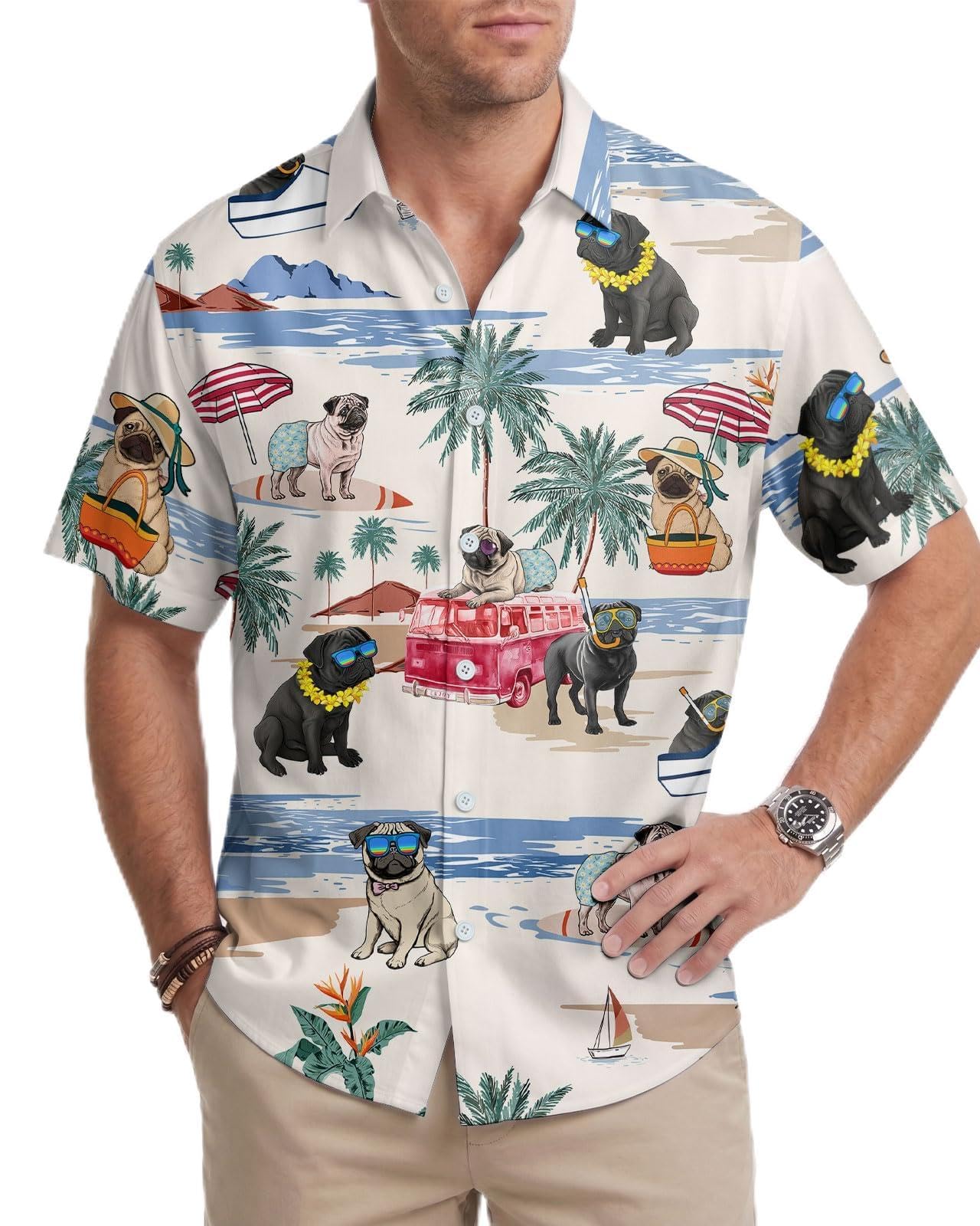 Dog Print Button Shirt, Dog Lover Summer Hawaiian Shirt, for Pet Owners, Pug, S โ image 1