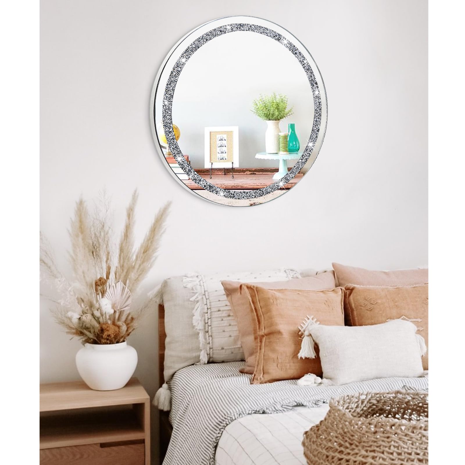 Specchio da parete con cristallo Crush e diamante per parete, decorazione rotonda, senza cornice, argento, specchio Bling ed elegante per Hallway Bathroom Bedroom Living Room, 60 x 60 cm