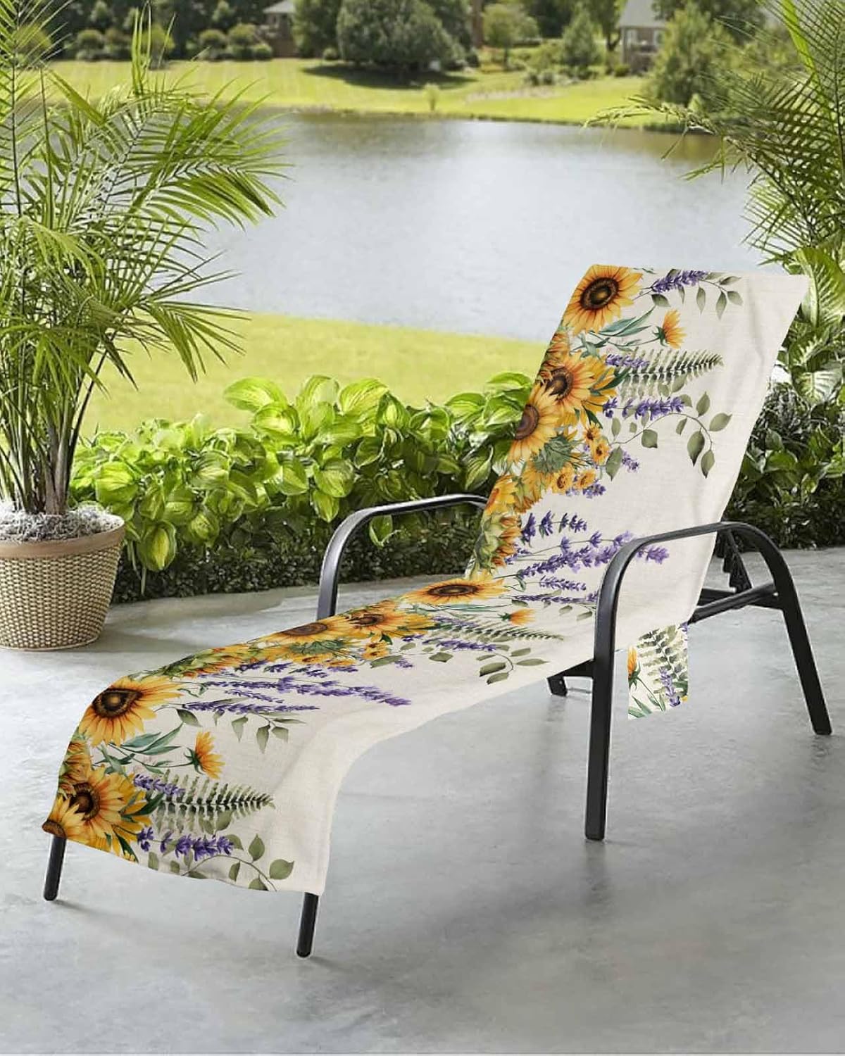 Farm Flowers Beach Pool Patio Lounge Chaise Chair Cover Towel With Pockets,Absorbent & Quick Dry Microfiber Towel Cover Bag Summer Accessories for Sunbathing Vintage Sunflower Lavender Eucalyptus Leaf