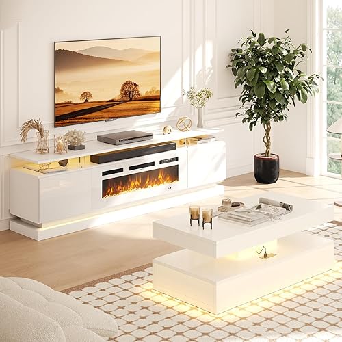 Miniatura 19 de Juego de Mesa Moderna de 4 Piezas para Sala de Estar, Incluye Soporte de TV para Chimenea de Alto Brillo de 70", Mesa de Centro LED y Juego de 2