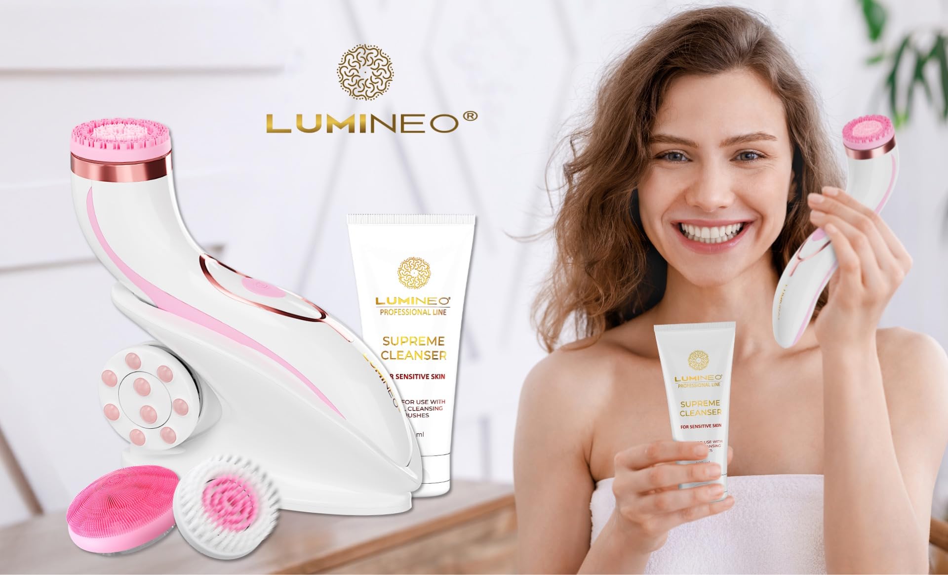 Lumineo PRO pulizia profonda del viso, spazzola per il viso con 4 accessori, USB-C, impermeabile IPX6, con gel detergente abbinato per pelli sensibili (rosa)