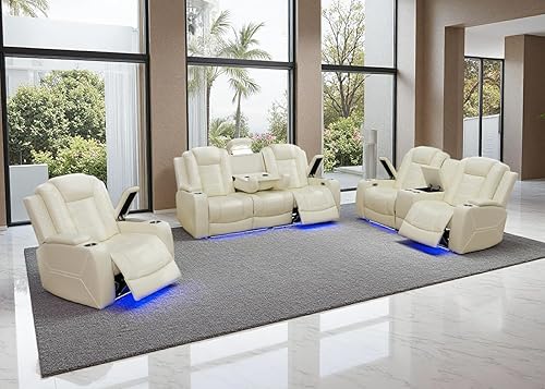 Miniatura 13 de Juego de sofá reclinable eléctrico y sofá biplaza, sofá reclinable de cuero negro con mesa desplegable, muebles de sala de estar, sofá reclinable
