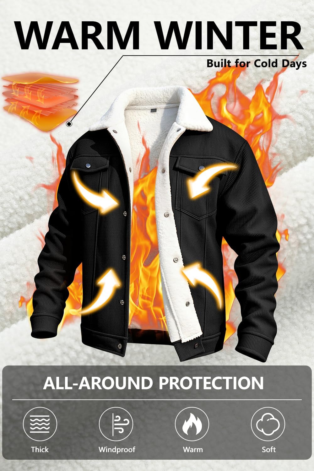 GINGTTO Mens Corduroy Jacket Fleece Lined Trucker Sherpa Winter Coat - Image 3