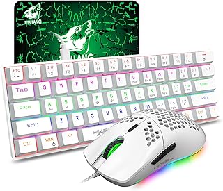 60% True Mechanical Gaming Keyboard Mouse Set, Type C Wired 61 Keys Layout Rainbow LED Backlit USB Waterproof Keyboard Anti-ghosting Keys+Lightweight RGB Mice 6400DPI for Computer/PC/Laptop/MAC(White)