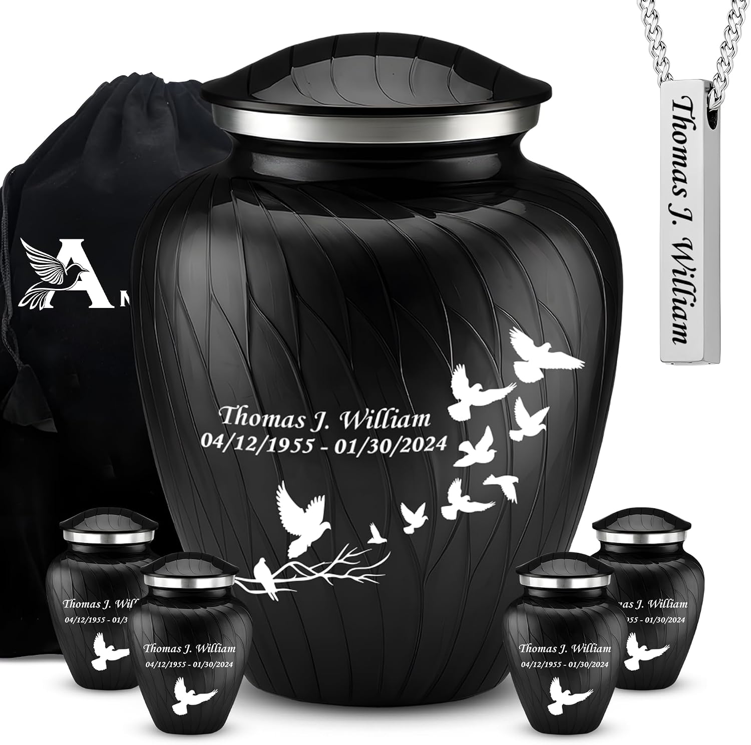 Set of 6 Serenity Custom Engraved Dove Decorative Urns for Human Ashes Includes 1 Large Urn with 4 Small Keepsakes & 1 Silver Necklace - Pearl Purple