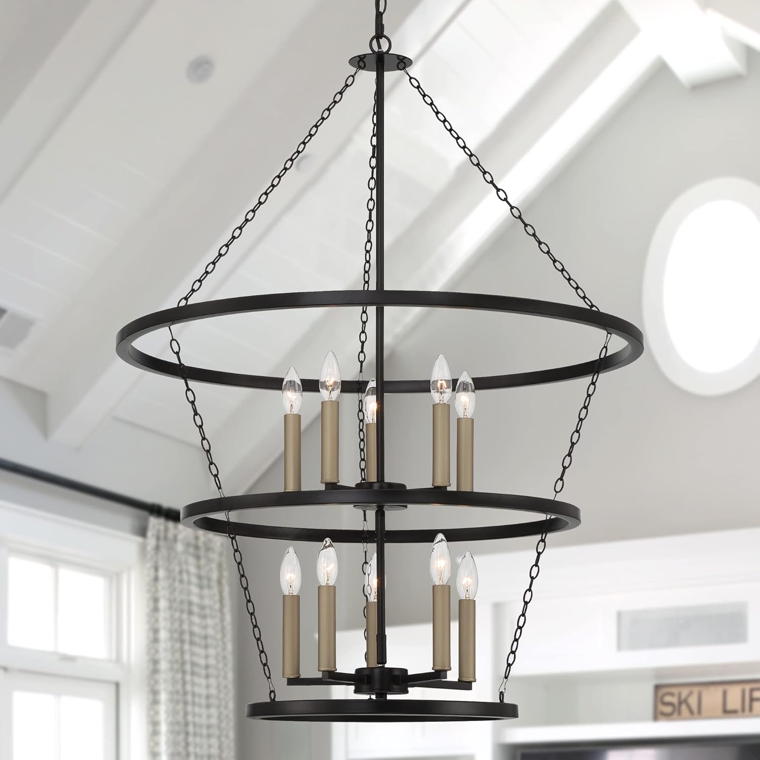 Vanity Art 10 Candle Style Light Wagon Wheel Chandelier Light Fixture | Modern Hanging Ceiling Lights Fixtures for Dining Room Living Room Bed Room, Kitchen, Classic Black/Brass Dust, SJT31910BK-BD