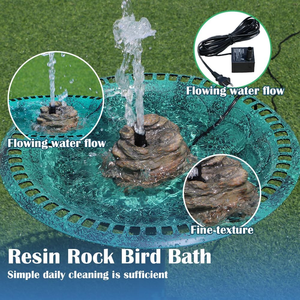 Bird Bath Fountain, Resin Granite with 9.8ft Long Wired Pump for Outdoor Garden Patio Decor, Rock Water Feature Fountain for Hummingbird Birdbath Aquariums and Fish Tank (Brown)