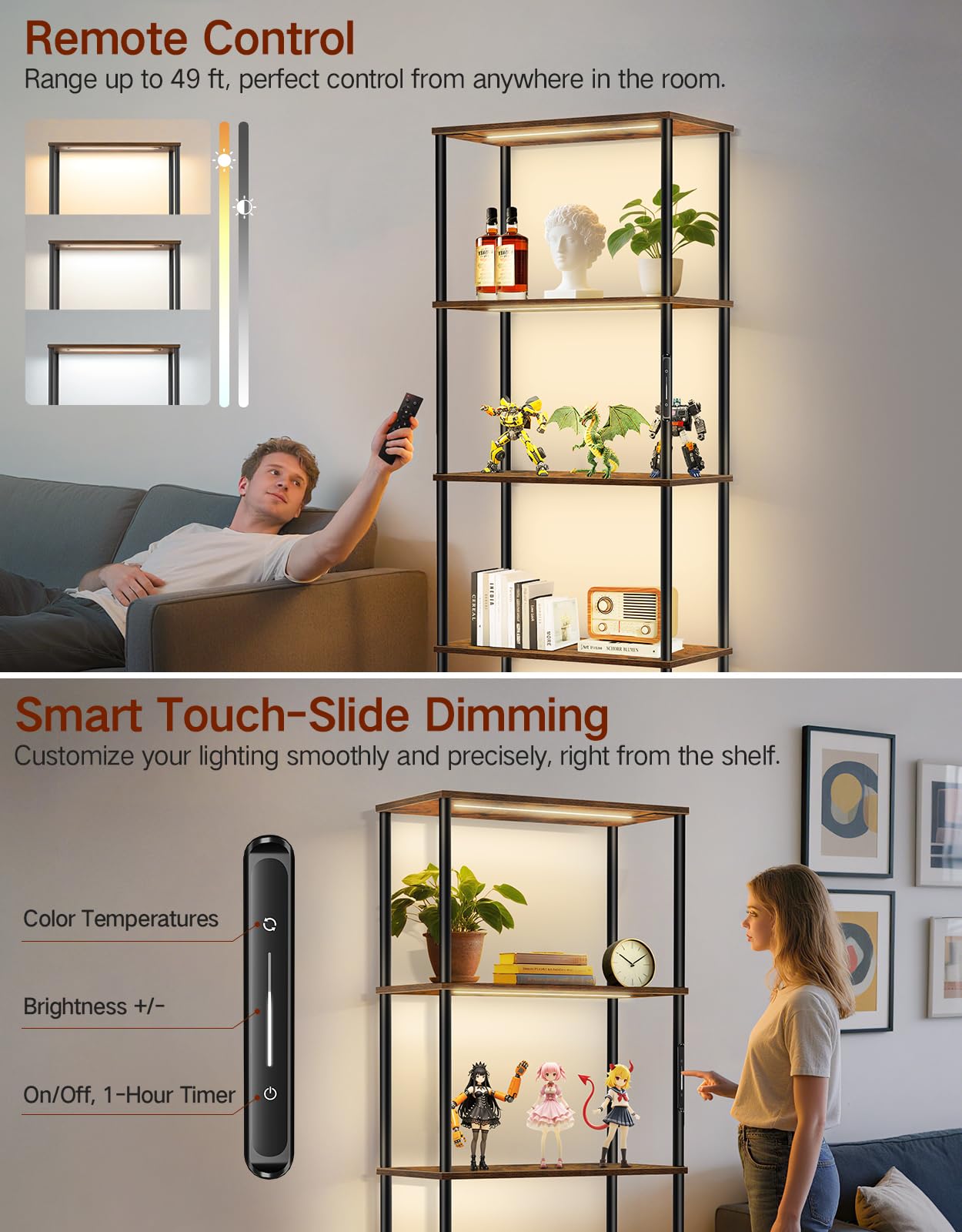 Libreria a 5 Ripiani con Luce LED, Scaffale in Legno 60 x 30 x 170 cm, Dimmerabile con Touch e Telecomando, Libreria Verticale Salvaspazio per Soggiorno, Camera da Letto, Ufficio