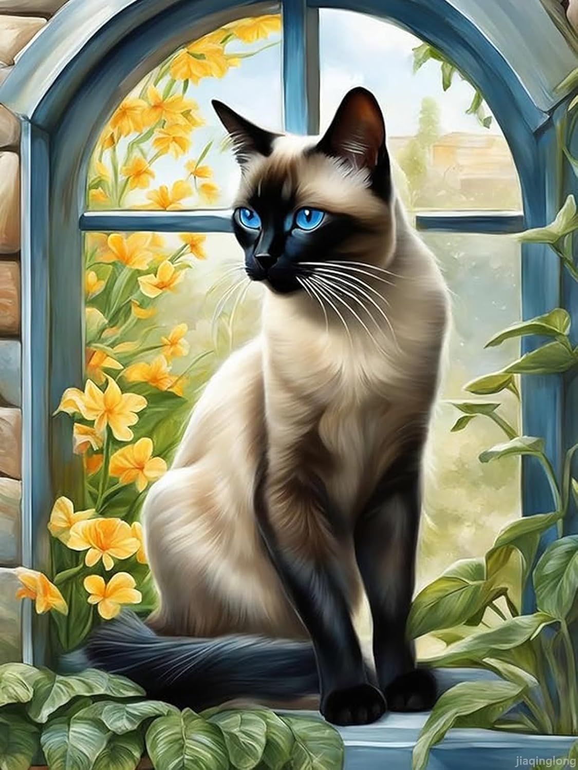 jiaqinglong Animals 5D Diamond Painting Kits for Adults Beginner, DIY Siamese Cat Paint with Diamonds Pictures, Cat On Window Sill Diamond Dots for Home Decor Gifts for Craft Lovers 12x16 inch