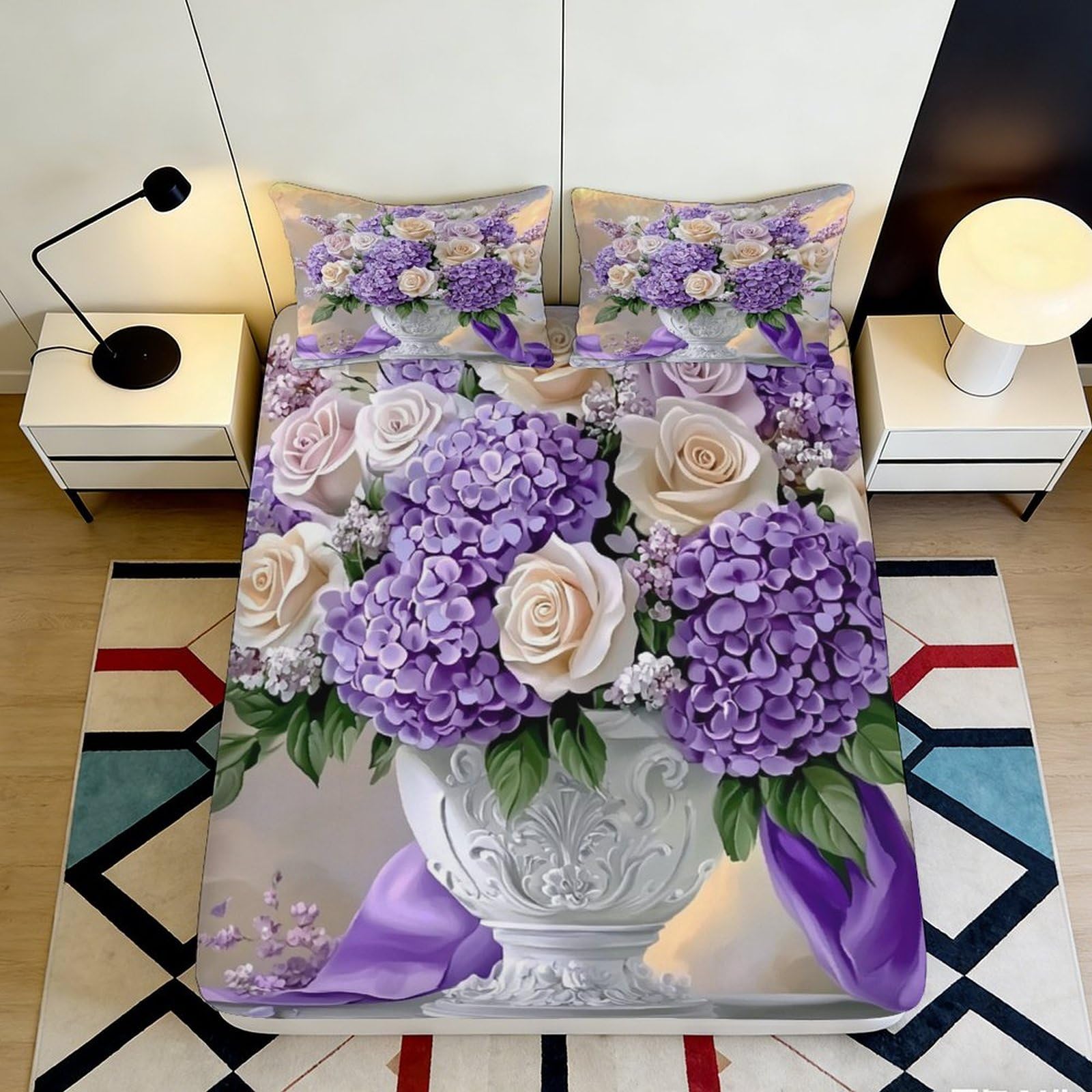 3D Printed purple hydrangea Fitted Sheet, soft touch Microfiber, wrinkle resistant, bedroom decor, apartment bedding, guest room suitable, easy care 90x200x25cm