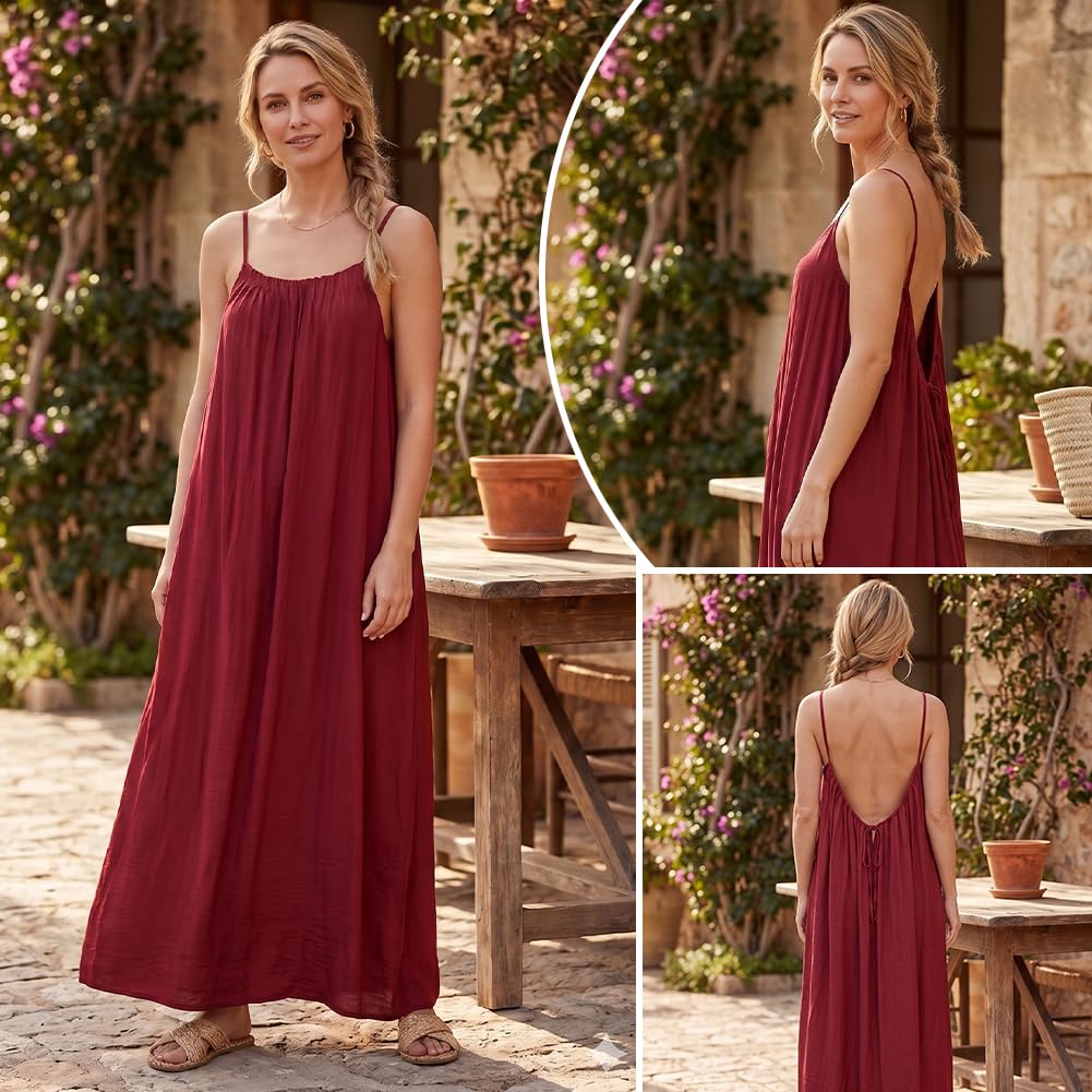 Aomig Damskie sukienki z odkrytymi plecami Boho bez rękawów ramiączkami spaghetti lejąca się letnia długa sukienka