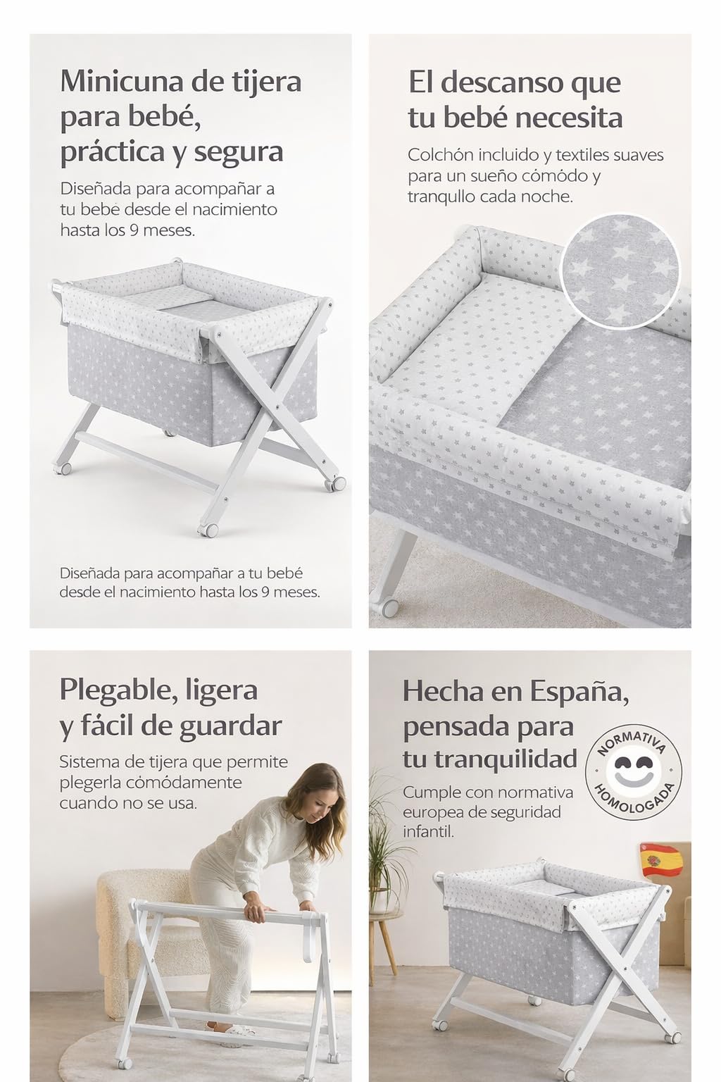 Minicuna Plegable Blanco Gris: Estructura + Vestidura + Colcha Desenfuntable + Colchón + Almohada