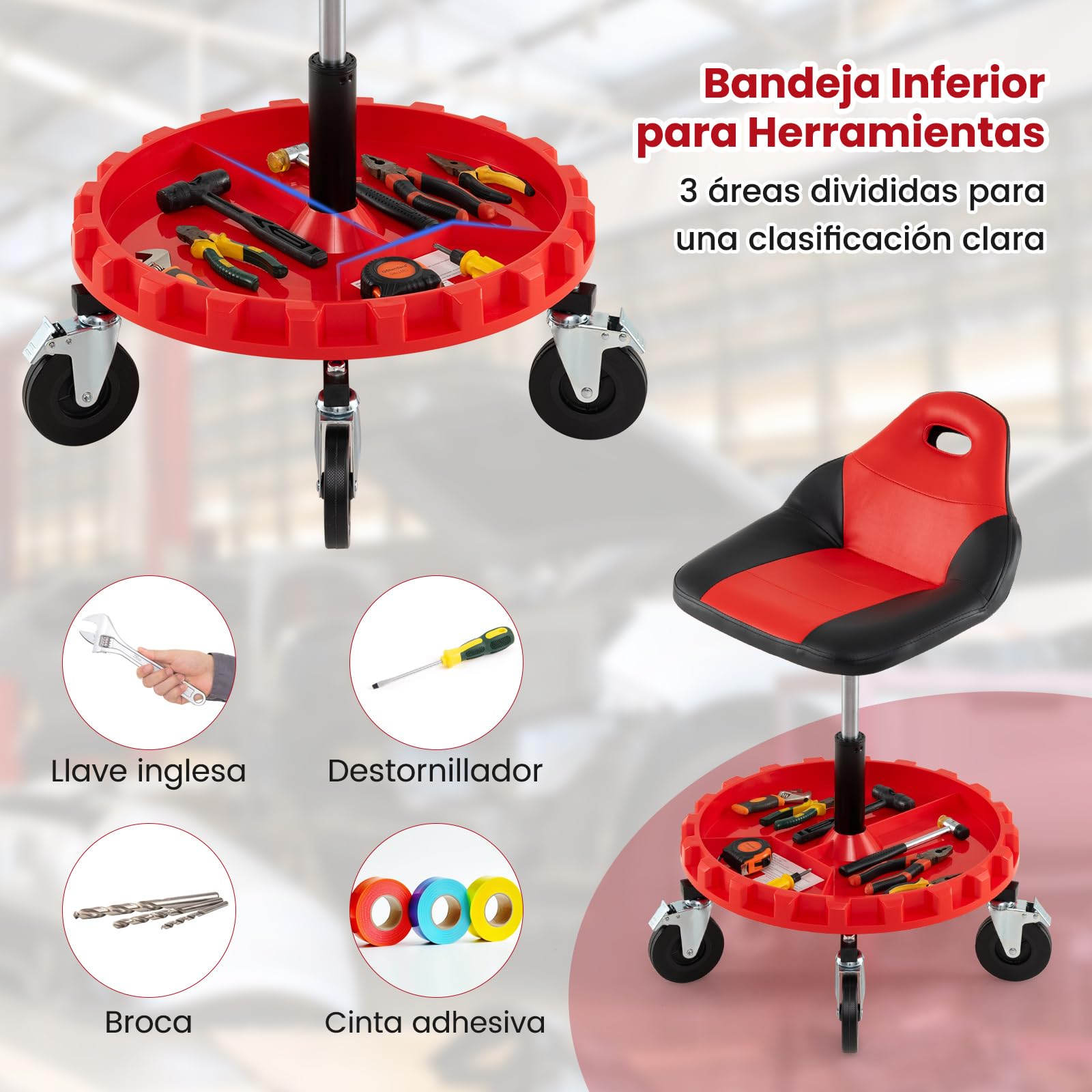 COSTWAY Taburete de Taller con 5 Ruedas, Taburete Rodante de Garaje, Taburete Mecánico con Altura Ajustable de 71/83 cm y Bandeja para Herramientas, Asiento Móvil para Reparación de Coches,Carga 150kg