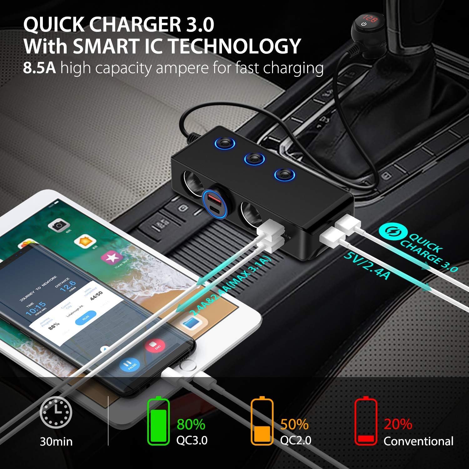 [Upgraded Version] Quick Charge 3.0 Cigarette Lighter Adapter, CHGeek 180W 12V/24V 3-Socket Car Power DC Outlet Splitter with 8.5A 4 USB Charging Ports & LED Voltmeter Power Switch Car Charger