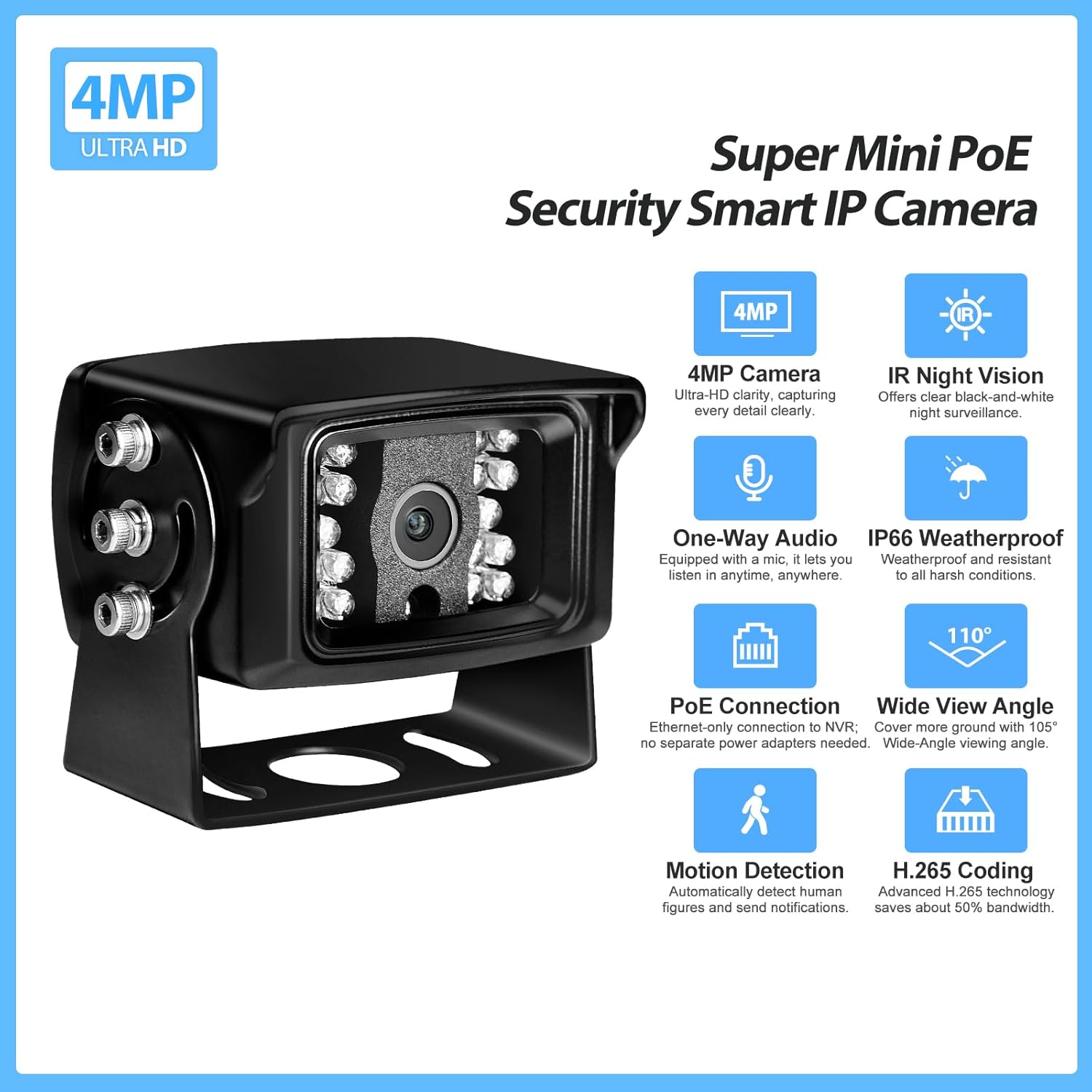 MWRCTV Heavy Duty Metal Shell 4MP Mini POE IP Camera,IR Night Vision,2.8mm Wide Angle Lens PoE Security Camera for Outdoor Indoor,Built-in Mic,AI Motion Dection,IP66 Waterproof for Home Security