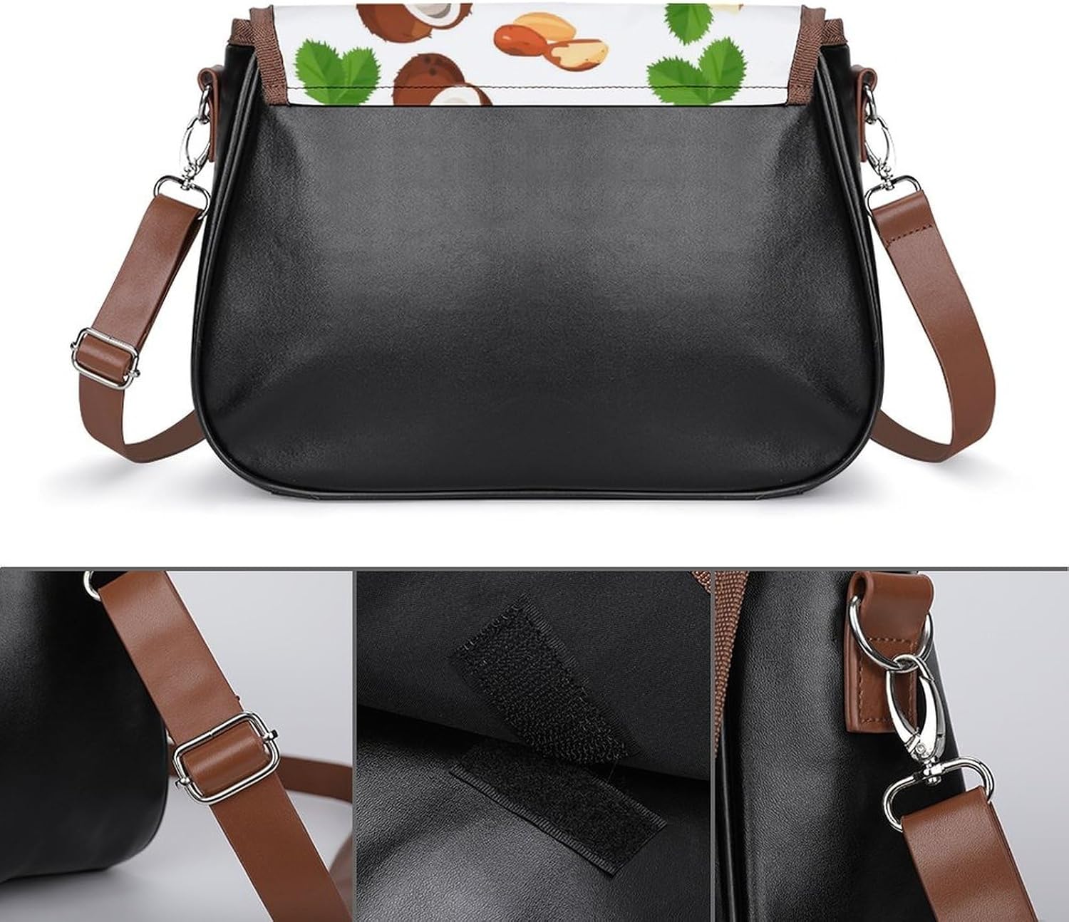 Assortment of Nuts Pattern Peanut Coconut Almondd Hazelnuts Tropical FruitsWomen's Faux Leather Crossbody Bag, Waterproof Wrinkle-Resistant Shoulder Bag with Detachable Strap, Large Capacity Casual Ha