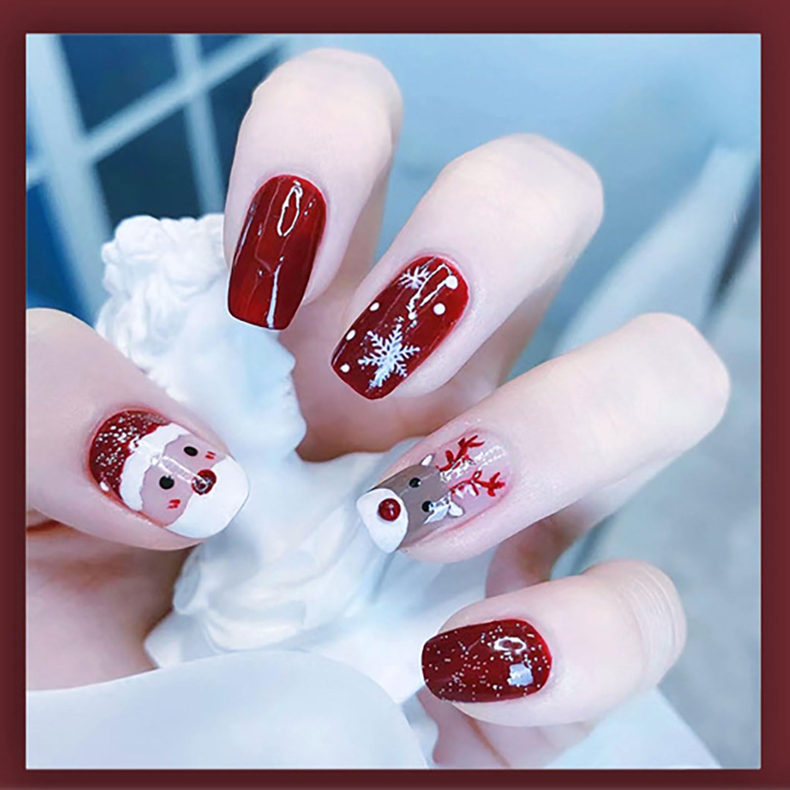 Handcess Weihnachts-Nagel-Set – 24 Ovale French-Nagelspitzen Mit Schneeflocken-Design, Glänzend & Selbstklebend