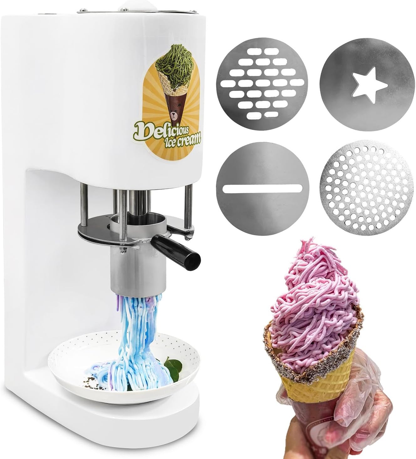 Electric Spaghetti Ice Cream Extruder Machine, Commercial Ice Cream Noodle Maker with 4 Interchangeable Molds, Stainless Steel Body for Food Service