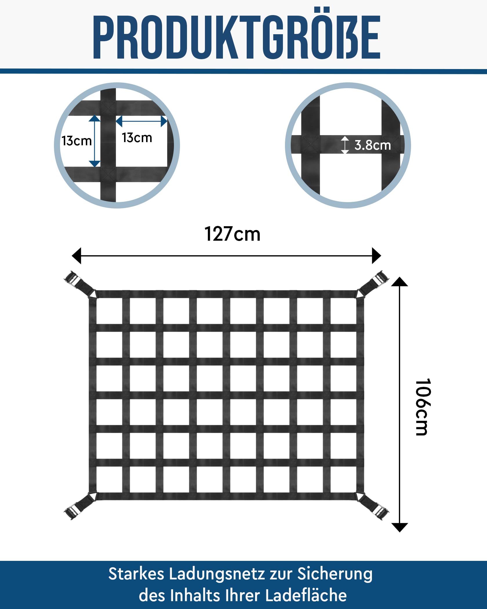FoundGo Rete da carico per cassone di pickup [106x127cm] Rete per rimorchi pesanti resistente agli strappi per portellone posteriore Rete di carico regolabile per pickup e rimorchi con 4X cinghie