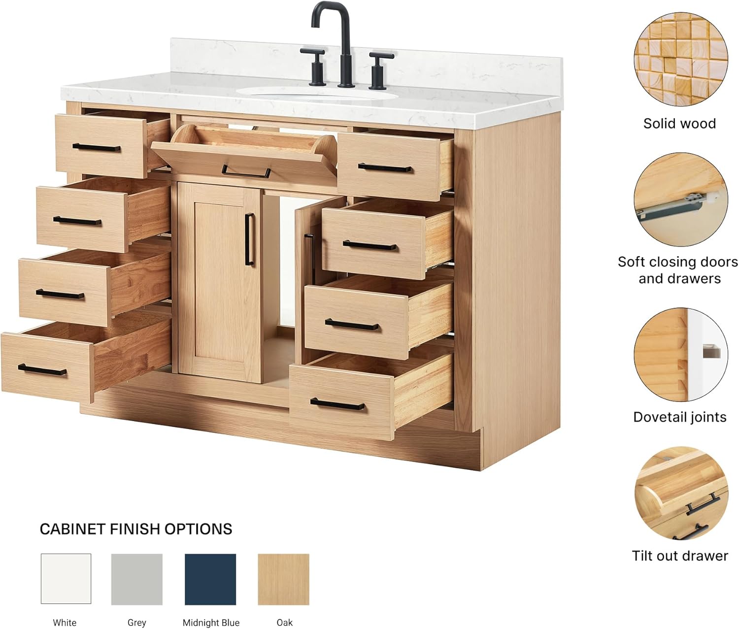 ARIEL Hepburn 48-inch Bathroom Vanity with Sink,Solid Wood, 1.5-inch Carrara White Quartz Countertop & Backsplash, Single Oval Porcelain Sink, 2 Soft Closing Doors, 9 Dovetail Drawers, White Oak