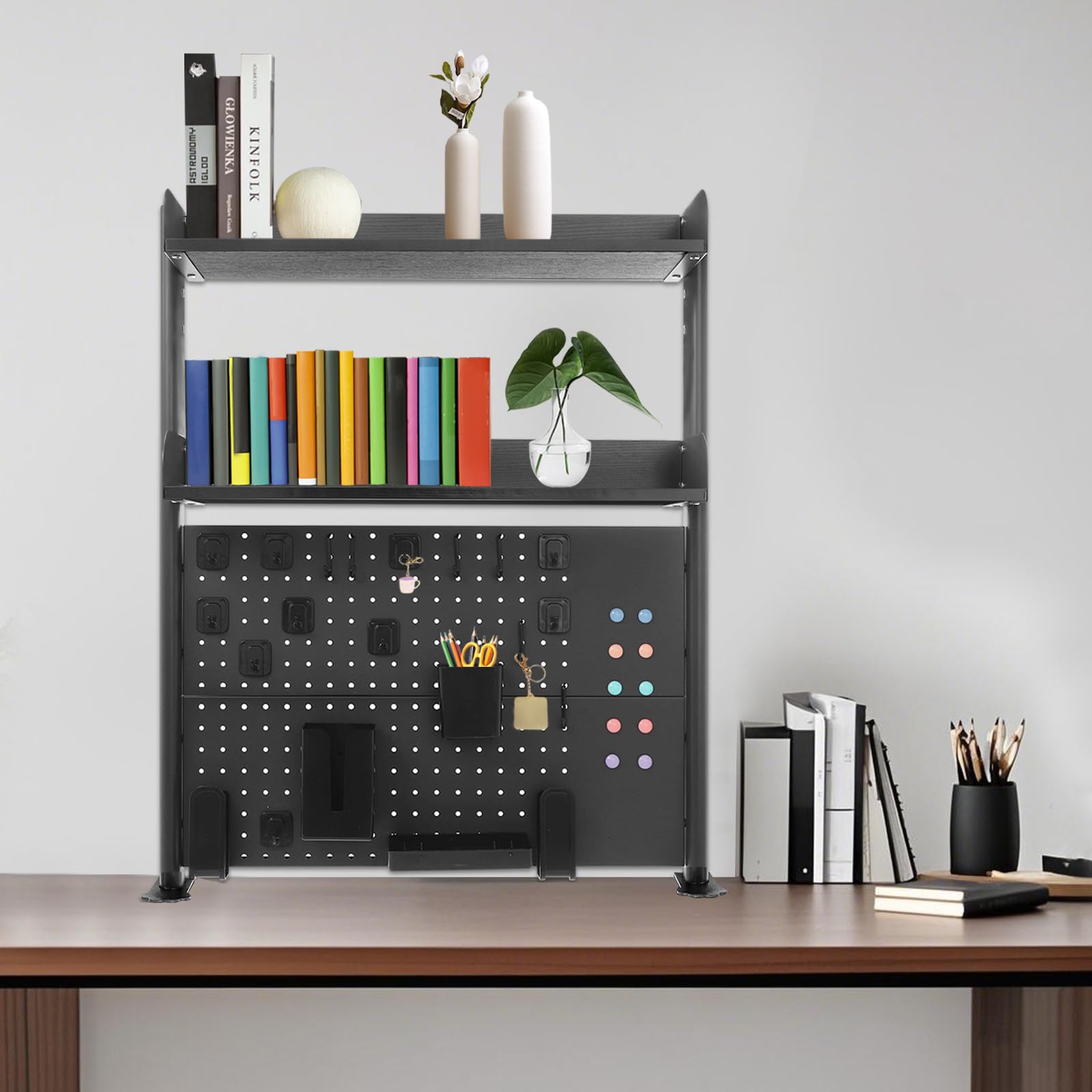 Scaffale da scrivania regolabile in altezza e salvaspazio, con clip e bacheca, organizer da scrivania moderno per ordine (95 x 80 x 12,5 nero)