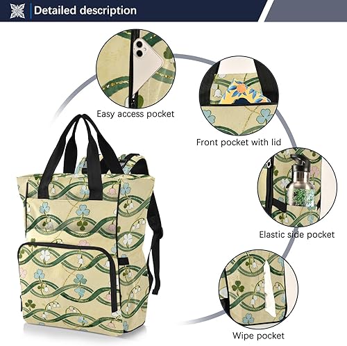 Miniatura 2 de Floral Pattern Diaper Bag Backpack, Multi-Pocket Nylon Tote with Shamrock Design, 11x6x15 Inches, Cream and Green, for Travel and Baby Care