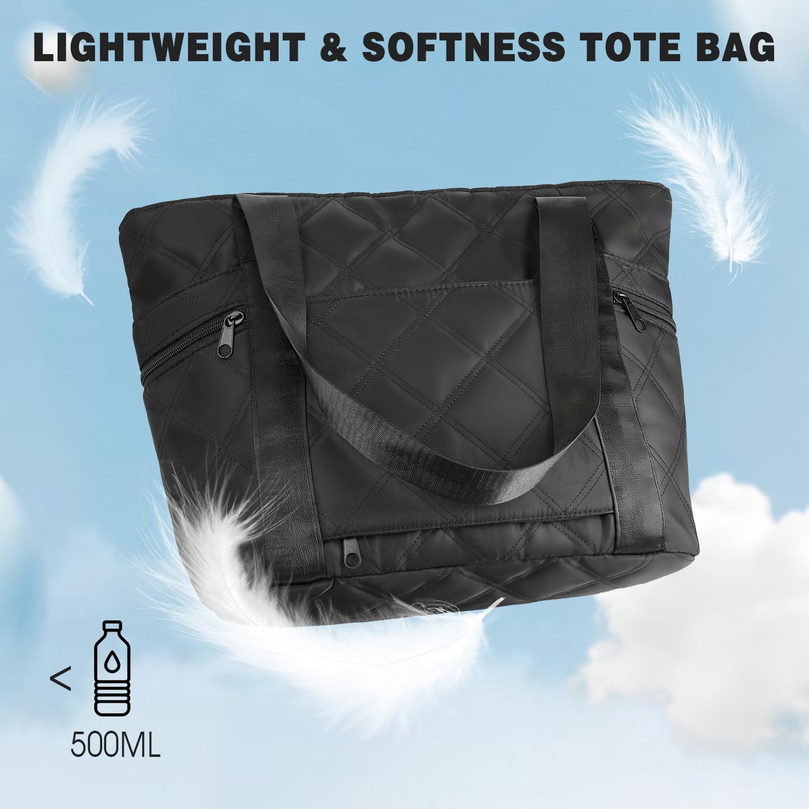Borsa a Mano e Tracolla Donna, 15,7 Pollici Grande Puffy Tote Bag con Scomparto per Laptop e Borsa Piccola, da Viaggio Lavoro Università - Nero