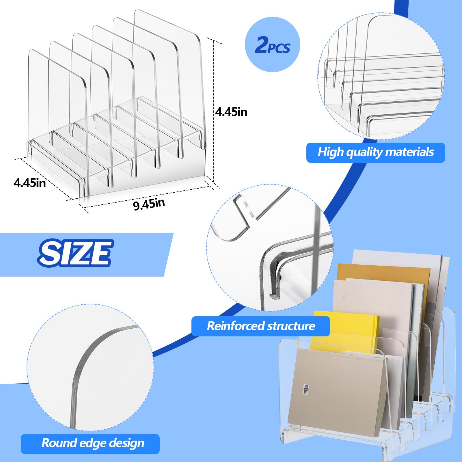 Yeaqee 2 Pcs Acrylic Incline File Organizer 5 Sections File Holder 10 x