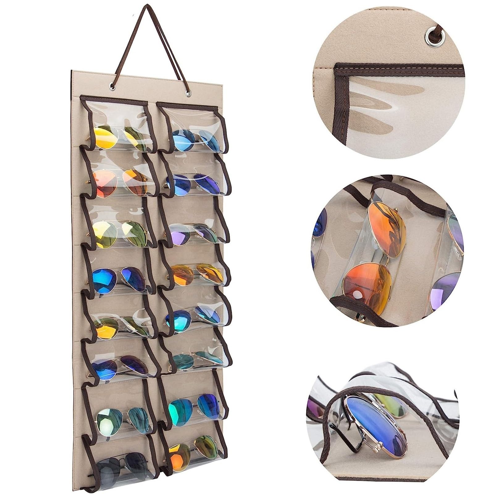 Occhiali Espositore Organizer Portaocchiali da Sole Bifacciale da Appendere, Tasca da Parete Sunglasses(Beige+Brown)