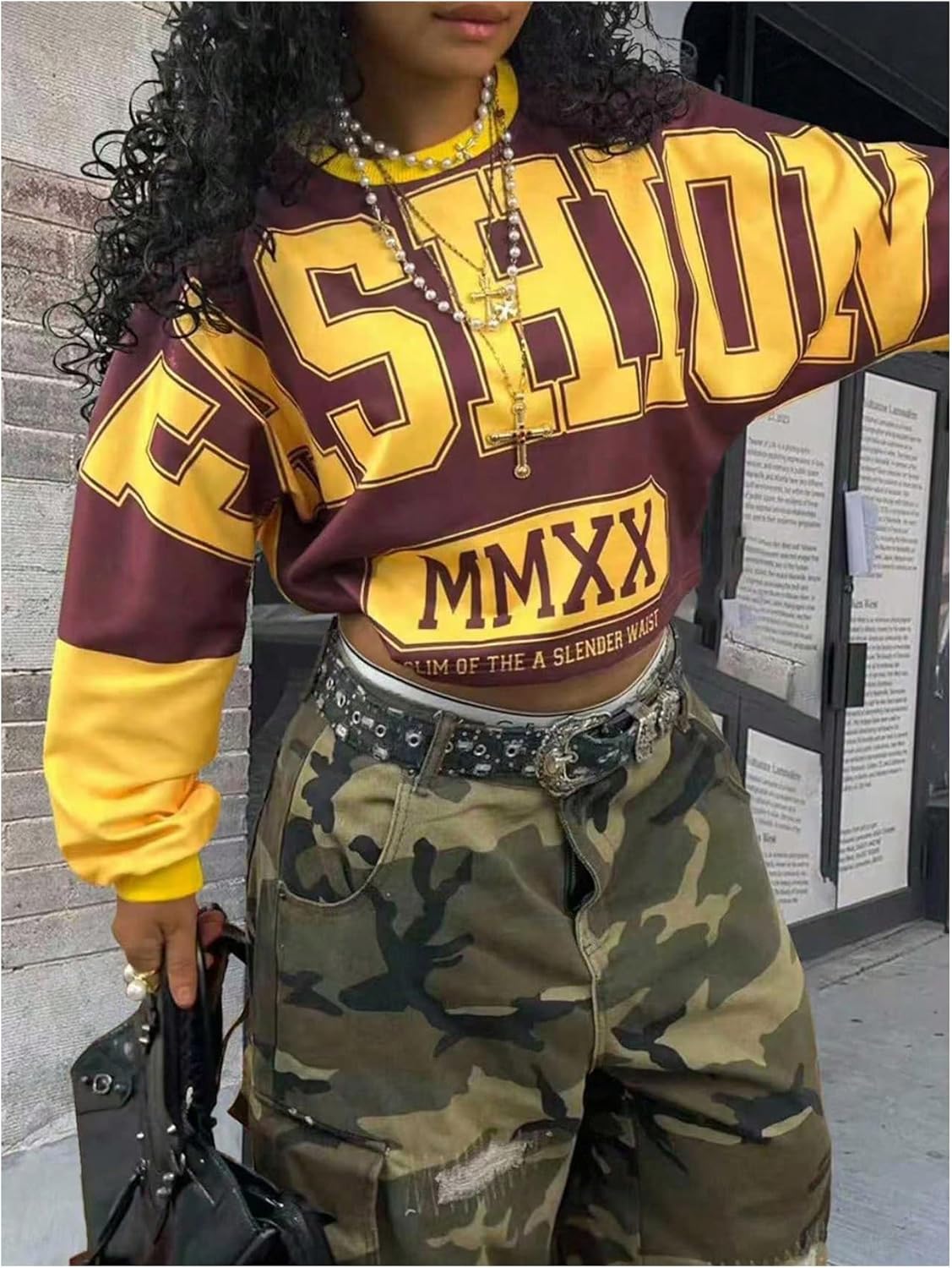 GORGLITTER Women's Hip Hop Cropped Jersey Shirt Letter Graphic Loose Oversized Crop Sweatshirt Pullover Streetwear Multicolor Small - Image 2