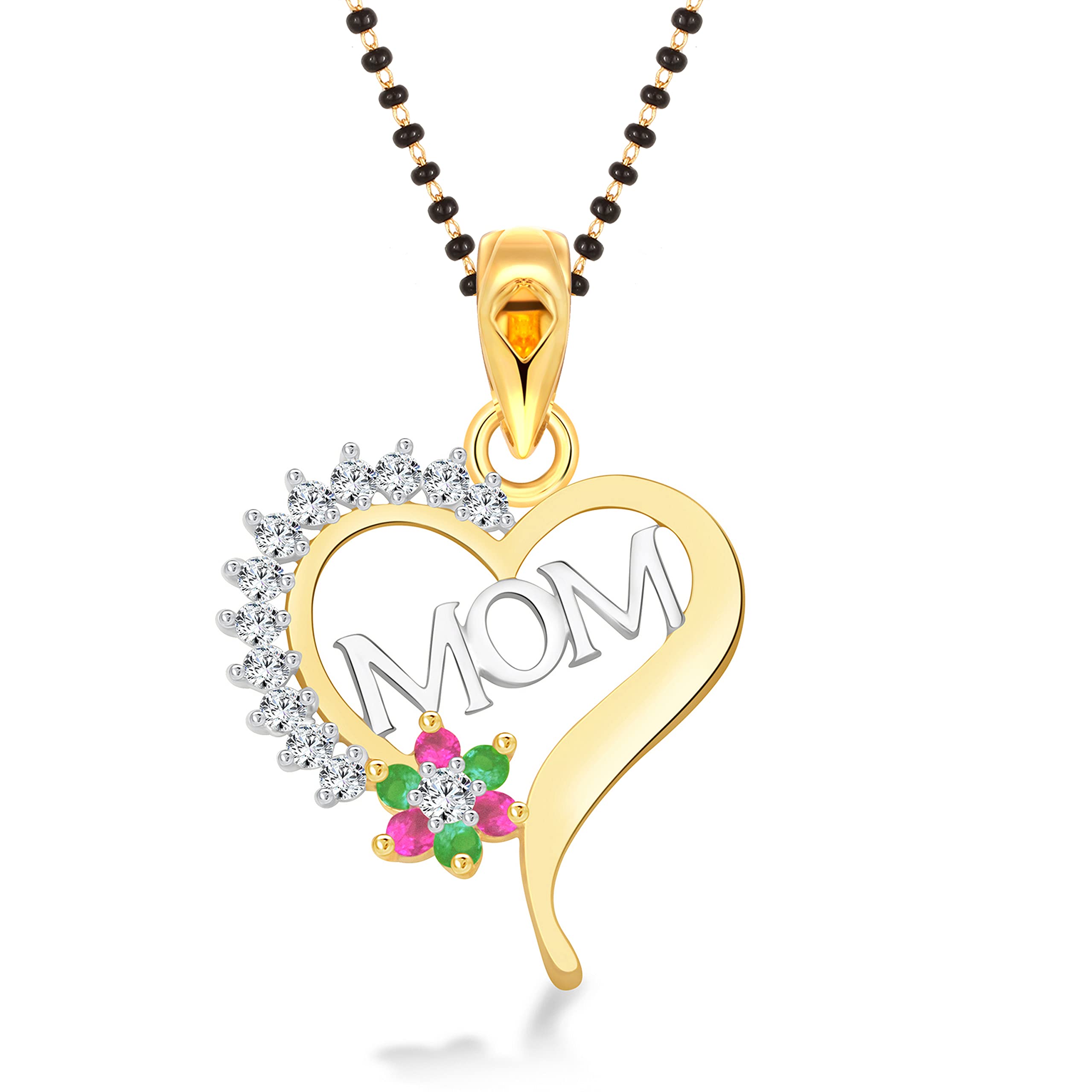 Vighnaharta valentine day gift valentineday gift for her gift for him gift for women gift for men Multicolour stone Stylish Font "Mom" in Heart Mangalsutra Chain alloy (CZ) Studded Gold Plated Mangalsutra,Tanmaniya,initial mangalsutra for Women - [VF1566MSPG]-image-17