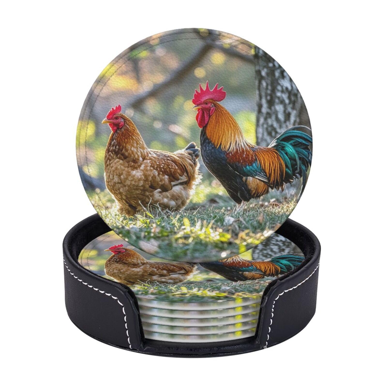 6 Pcs Round Leather Coasters for Drinks Absorbent Non-Slip Drink Coasters with Holder Beautiful Rooster Hen Coasters Waterproof Heat Resistant Cup Mats for Home Kitchen Bar Office Decor
