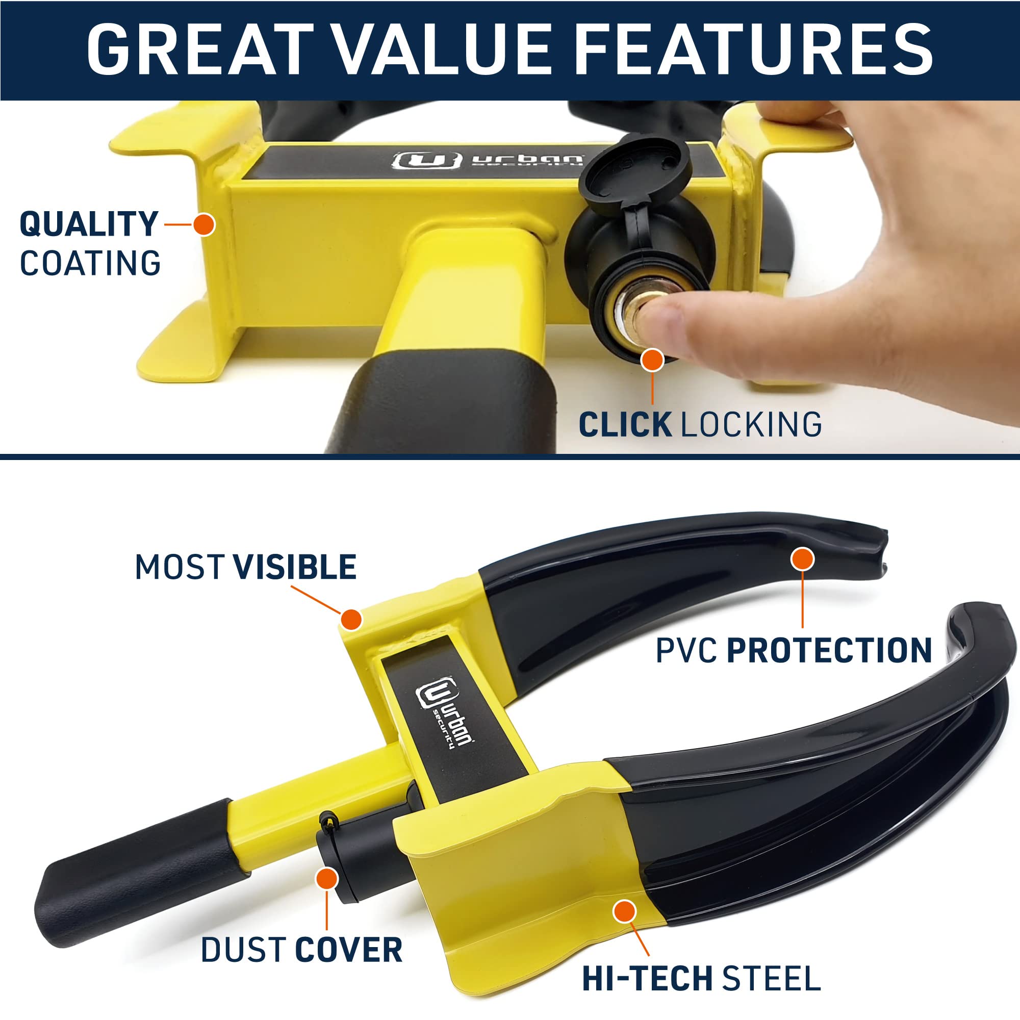 URBAN UR920 Cepo Antirrobo Rueda Coche, Más visible, 10-26cm Más Ajustable, Protección Cerradura Curva Alta Seguridad, Bloqueo Antirobo Inmovilizador Auto Remolque Caravana, Resistente a Rasguños
