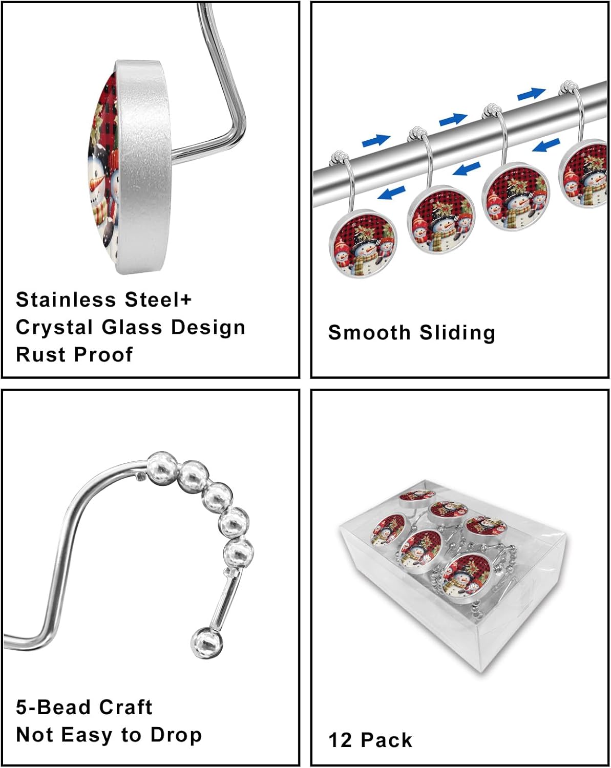Snowman Shower Curtain Hooks, Christmas Snowflake Red Buffalo Plaid 12PCS Shower Curtain Hooks Rings for Bathroom Stainless Steel Rust Resistant Shower Curtain Hangers