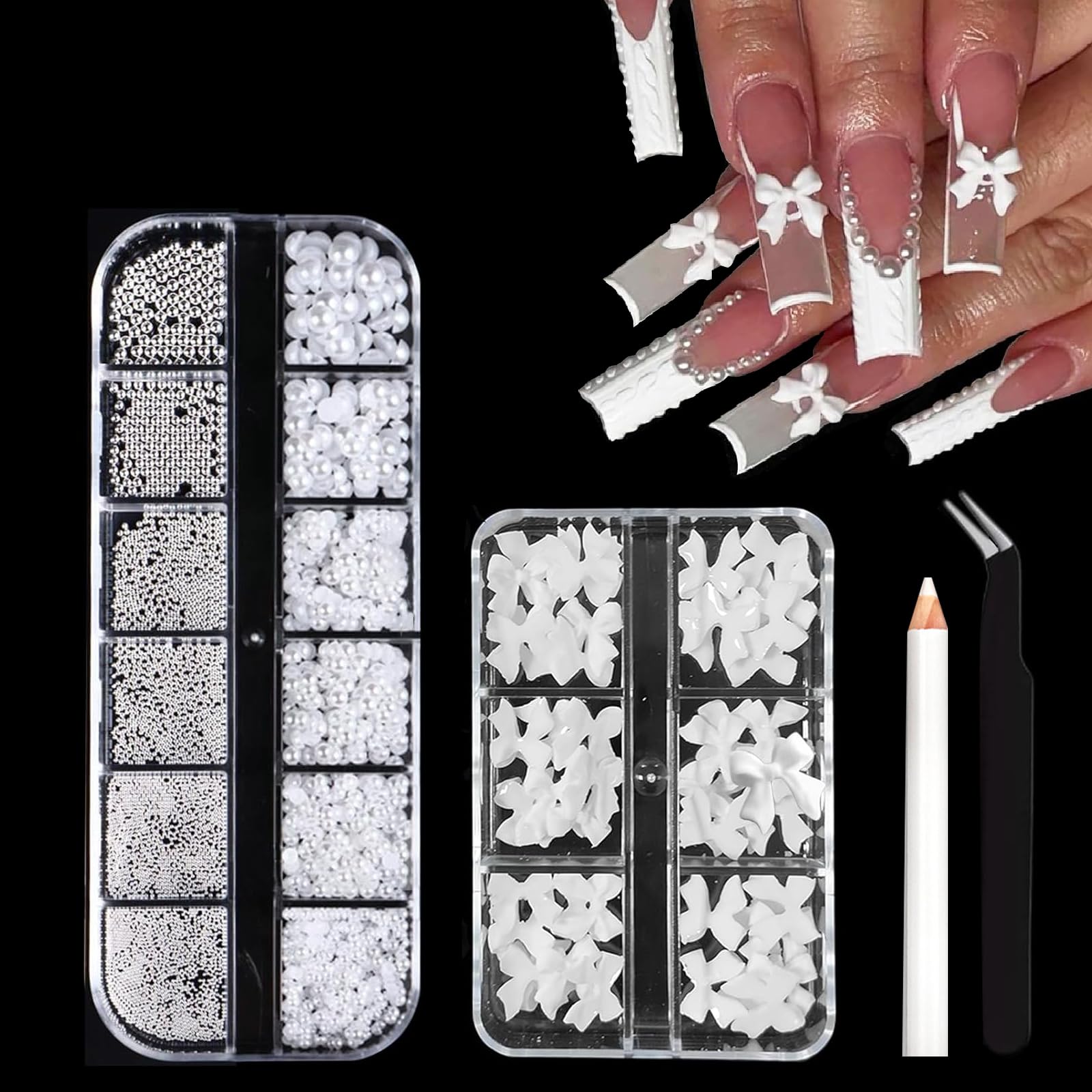 ITPOYOL Nail Art Pearls Flatback Rhinestones Bows Nail Charms and Gems Metal Silver Beads Luxurious Design Half Round White Pearls Jewelry Accessories