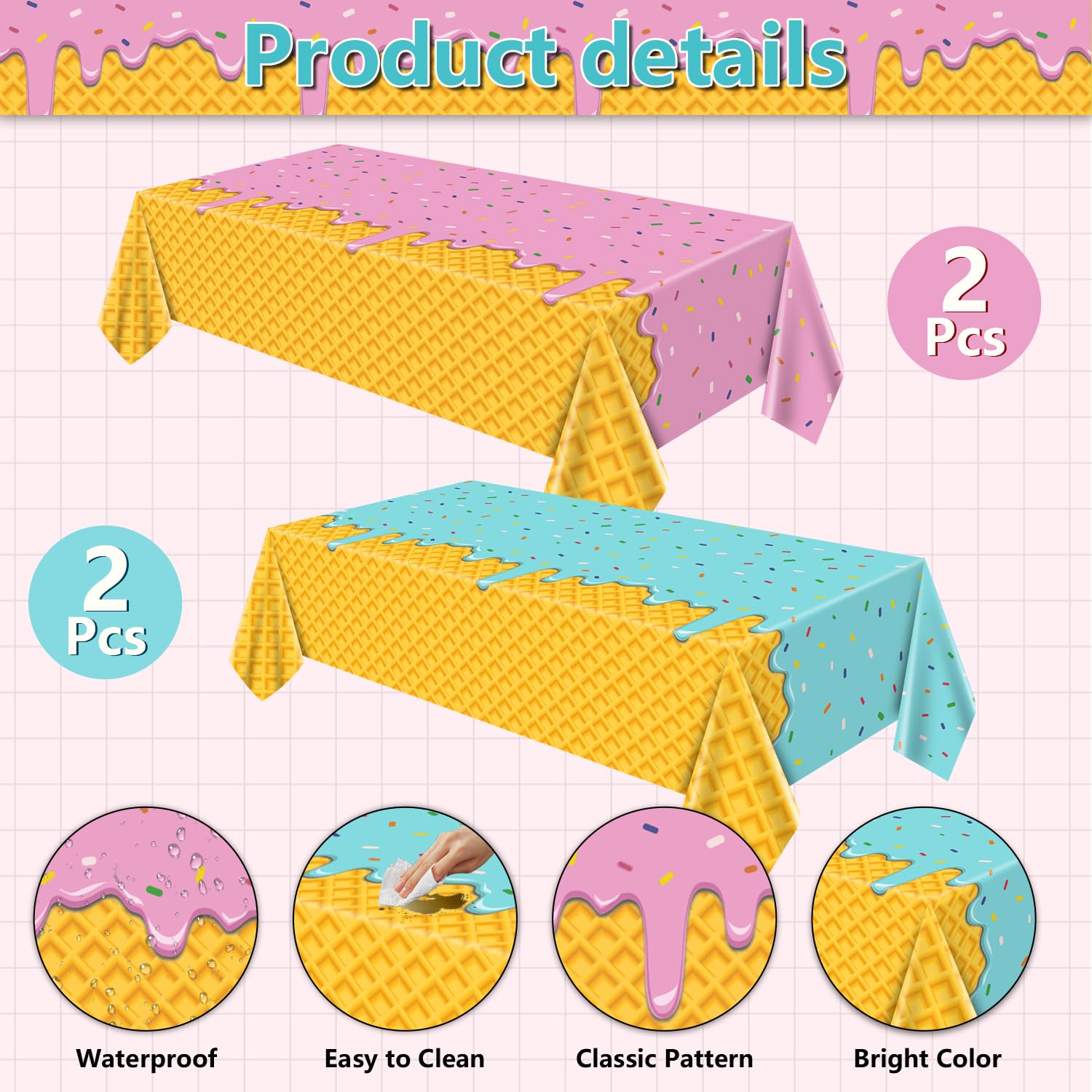 Lot De 4 Nappes De Fête Motif Crème Glacée / Donut - 130x218 Cm, Imperméable, Réutilisable
