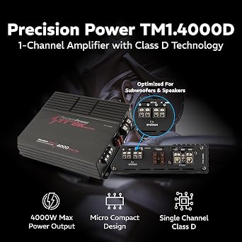 Precision Power Trax Micro Monoblock Class D Car Stereo Amplifier TM1.4000D 4000W Single Channel Digital Subwoofer Amp with Wired Bass Control & High-Level Inputs for Powerful Audio