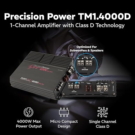 Precision Power Trax Micro Monoblock Class D Car Stereo Amplifier TM1.4000D 4000W Single Channel Digital Subwoofer Amp with Wired Bass Control & High-Level Inputs for Powerful Audio