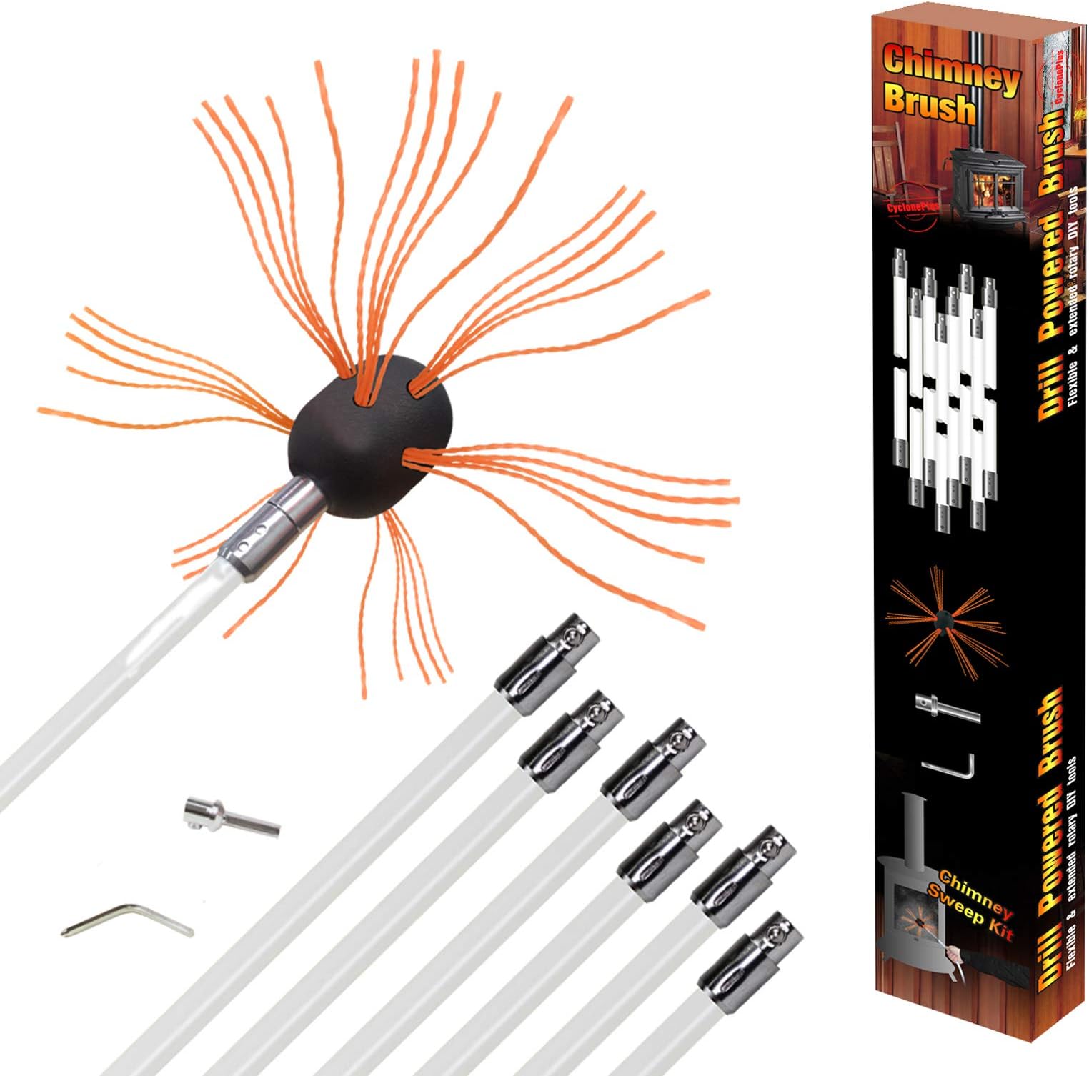 REALFLO 33ft Chimney Brush rod kit,Electrical Rotary Drill Drive Sweeping Cleaning Tool Kits with Nylon Flexible Rods (10 rods)