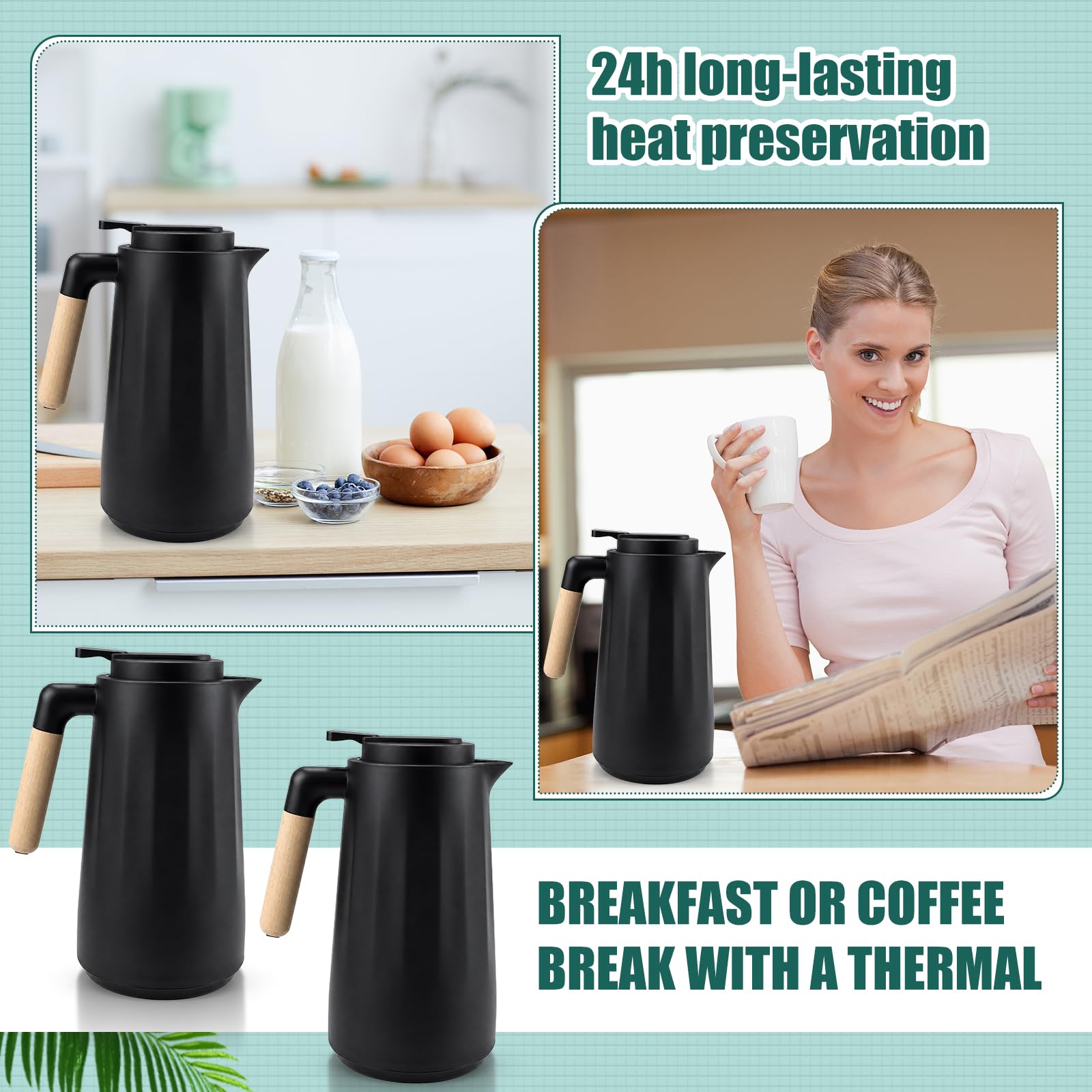 2 caraffe termiche da 1 l, a doppia parete, per caffettiera sottovuoto