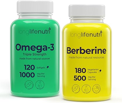 LongLifeNutri Omega-3 Fish Oil 1000 mg 120 Softgels & Berberine HCl 500 mg 180 Vegan Caps Bundle 46 Month Supply, High EPA/DHA Omegas & Botanical Alkaloid, Non-GMO, GMP Certified, Made in USA