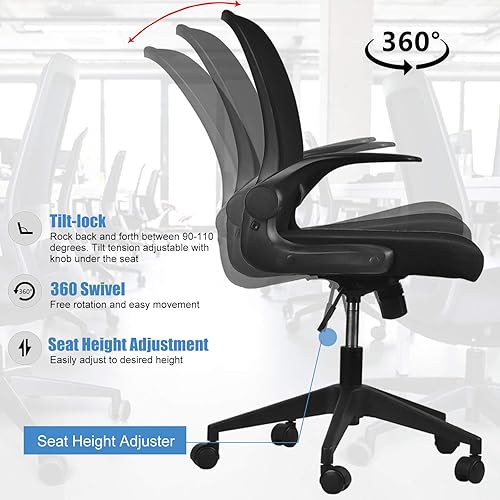 Miniatura 4 de IPKIG Foldable Office Chair - Home Office Desk Chairs with Wheels and Flip-Up Arms - Ergonomic Backrest Mesh Computer Chair Adjustable Swivel Negro