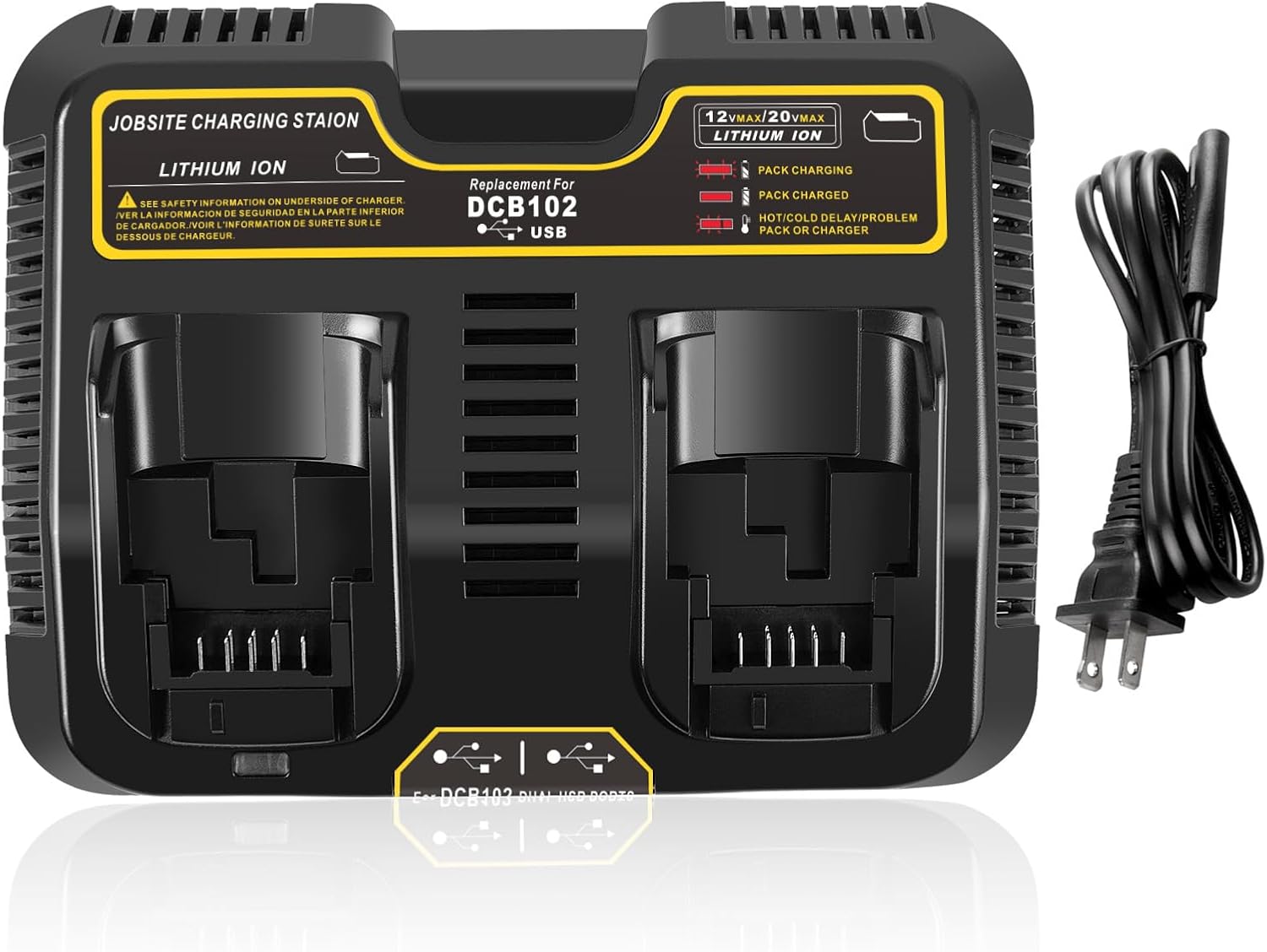 PENGJBATTER DCB102 2-Port Fast Charger for DeWalt 20V Max Battery, with USB Port Compatible with DeWalt Battery 20V DCB206 DCB208 DCB205 DCB200 & Charger DCB104 DCB107 DCB115 DCB118