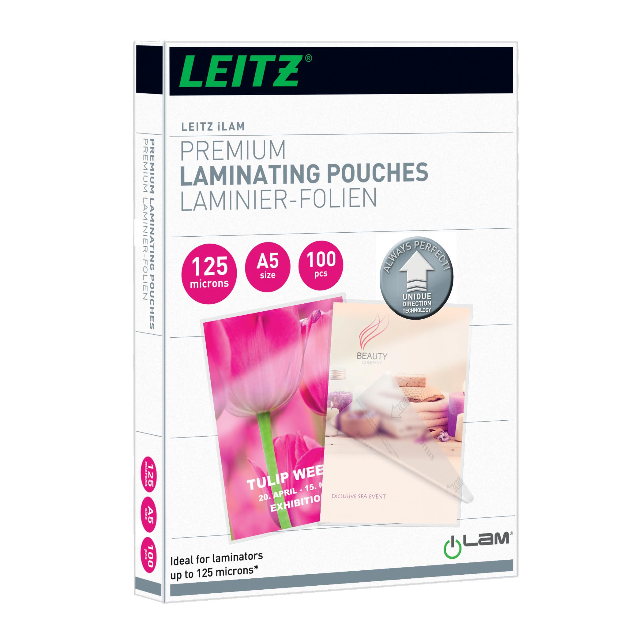 Leitz 74930000 Laminating Pouches Made of 125 Micron Thick Material (Transparent, Glossy, A5 and UDT) - Pack of 100