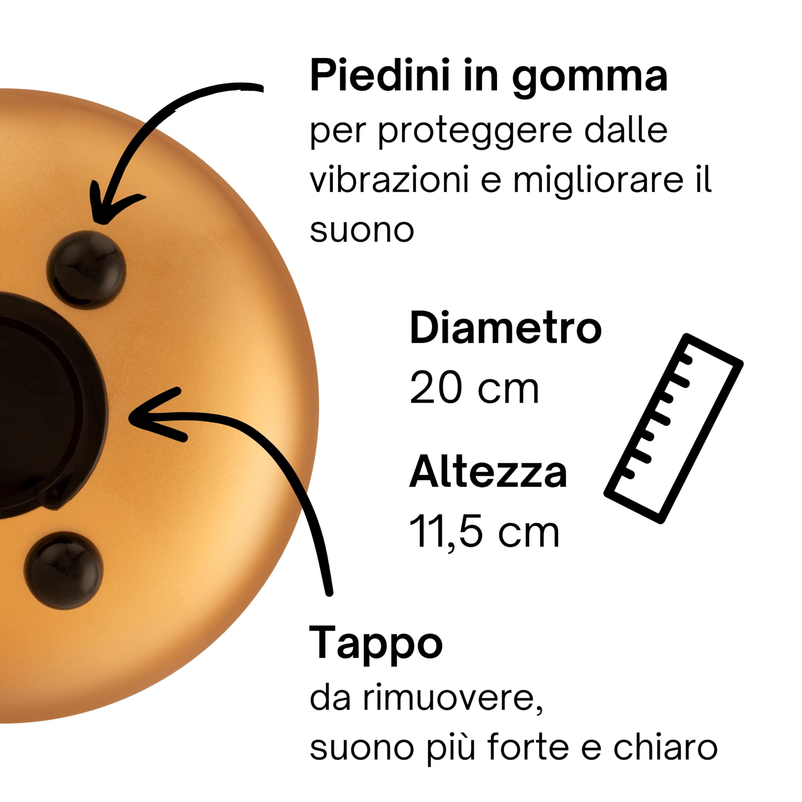 tamburo a lingua d'acciaio 'Standard' in Do Maggiore, oro - 20 cm con 8 note - steel tongue drum con canzoniere, mazzuoli, fingersticks e borsa da trasporto. Senza leggere le note.