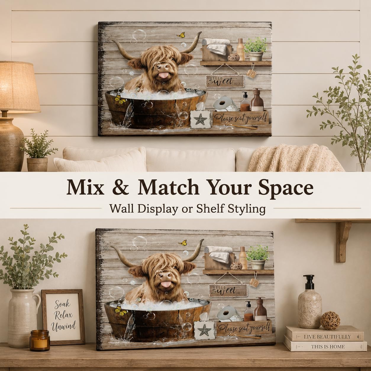 Highland Cow Canvas Bathroom Wall Art Funny Rustic Farmhouse Cow Painting Picture Wall Decor Brown Cute Animal In The Bathtub Poster Print Artwork for Bathroom Restroom Home Decoration 12inx16in