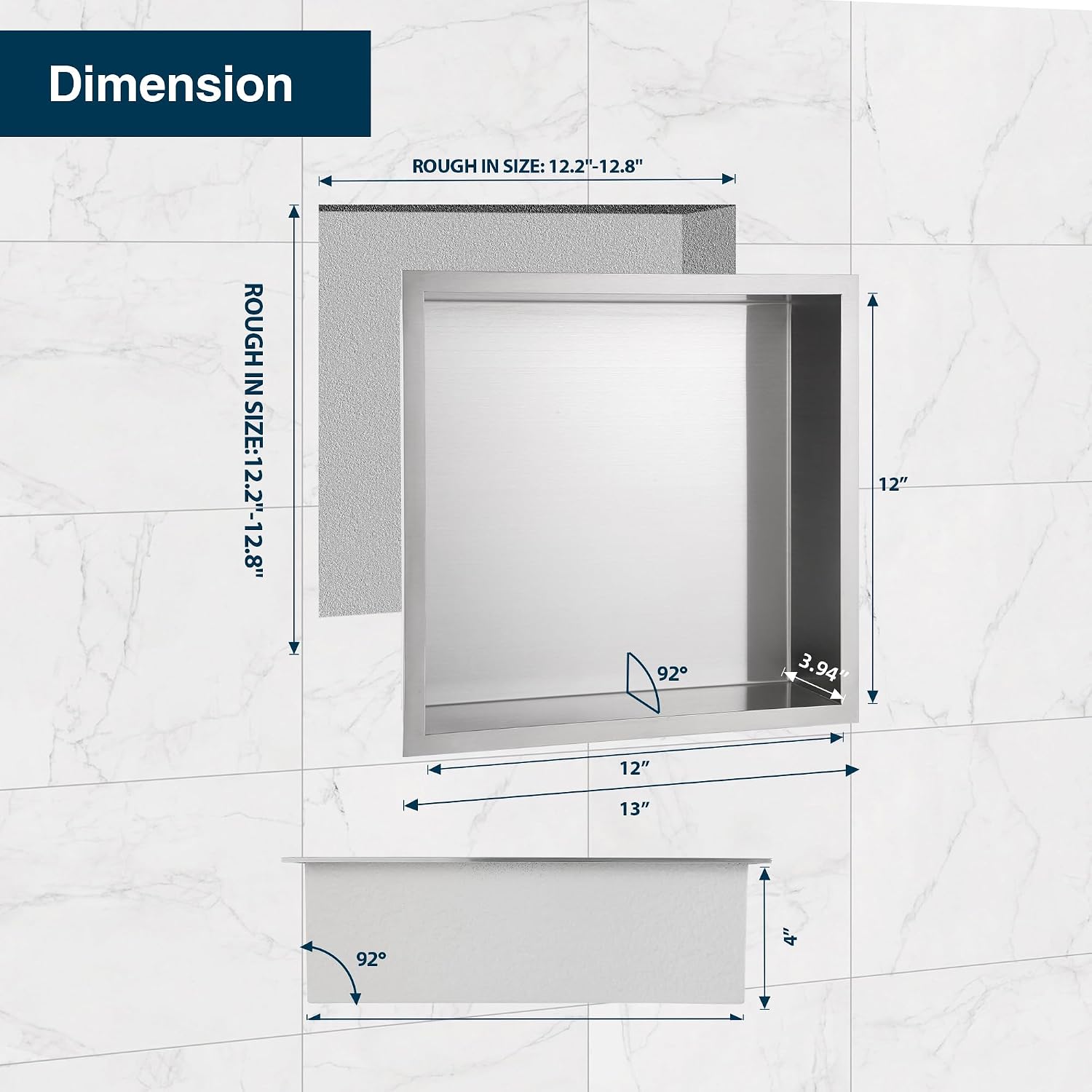 Brushed Nickel Recessed Shower Niche (12” x 12“), No-Tile, Stainless Steel, Built-in Wall for Bathroom, Bedroom, Living Room Storage