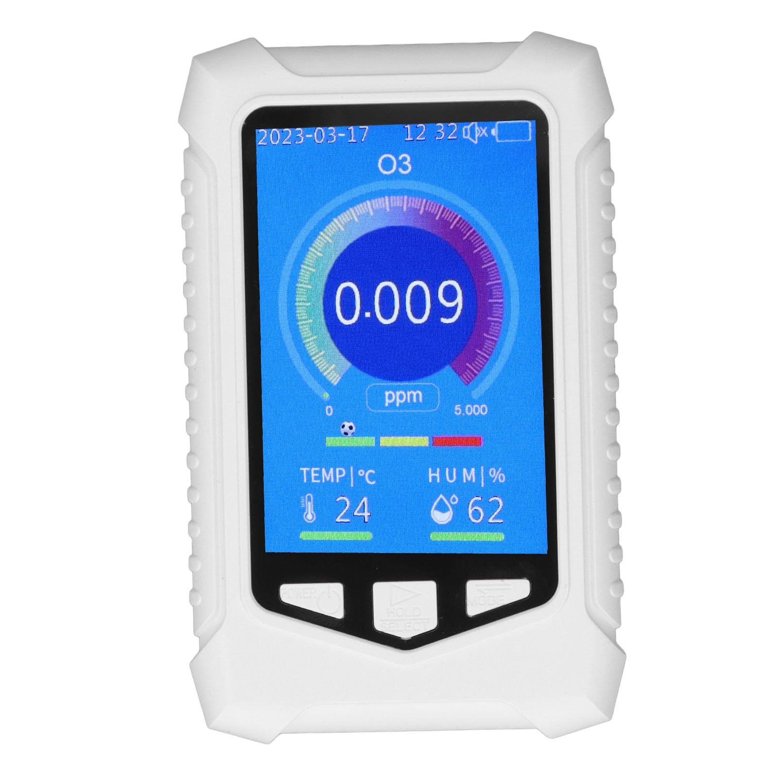 Detector de Ozono Portátil con Pantalla LCD, Medidor O3 en Tiempo Real, Autocalibración, Alarma Ajustable, Carga USB para Ambientes Internos y Externos