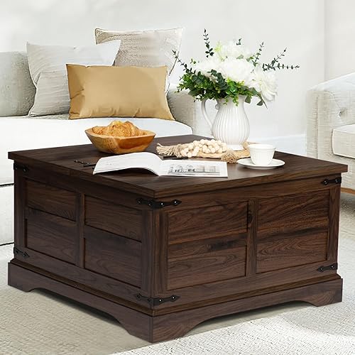 Wnutrees Farmhouse Coffee Table with Hinged Lift Top and Large Hidden Storage Compartment, Rustic Square Wood Central Table for Living Room, Home Office, Walnut